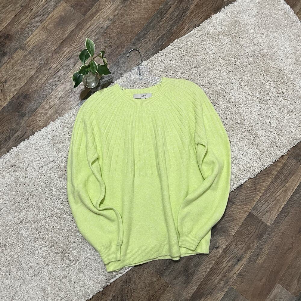 LOFT Small Neon Yellow Ribbed Pleated Yoke Crewneck Pullover Wool Blend Sweater